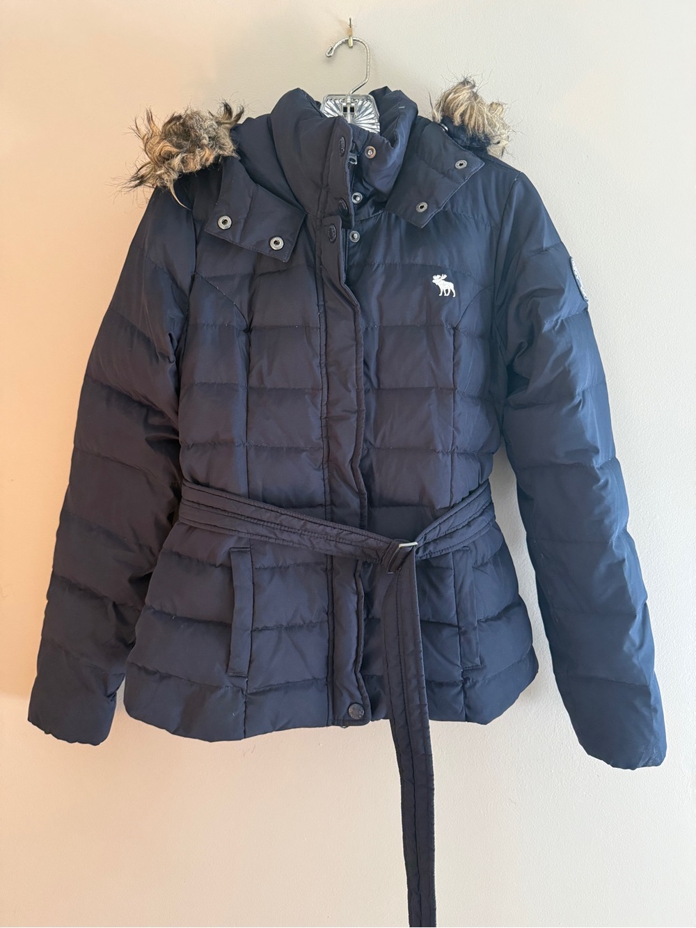 Y2K vintage Abercrombie & Fitch Down Filled Hooded Belted Navy Coat Medium